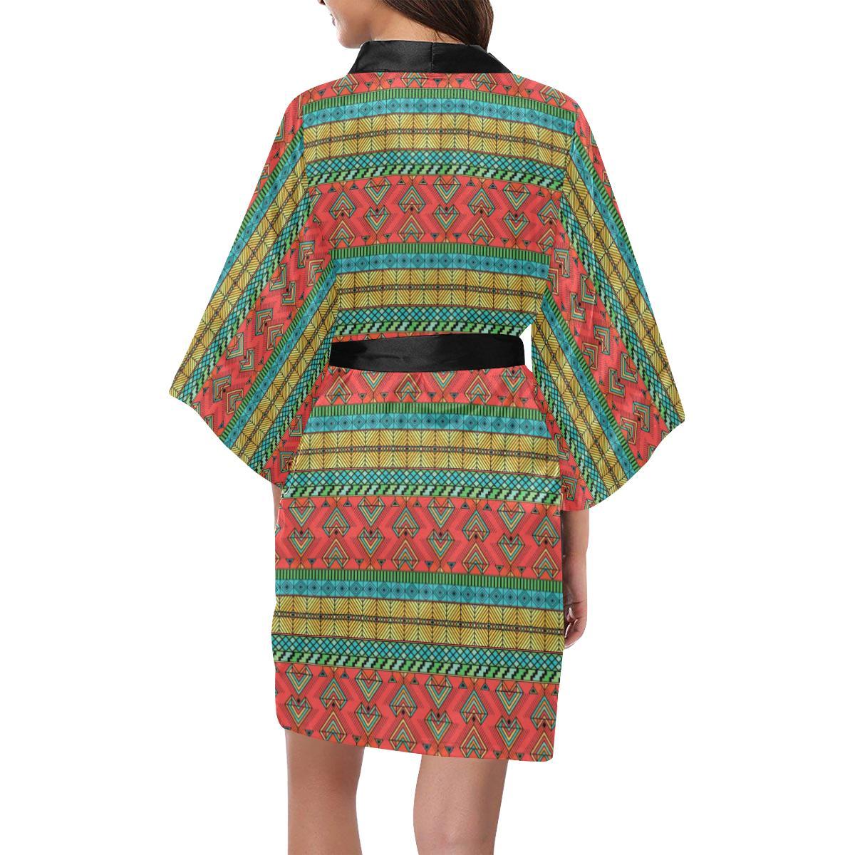 African Colorful Zigzag Print Pattern Women Short Kimono Robe