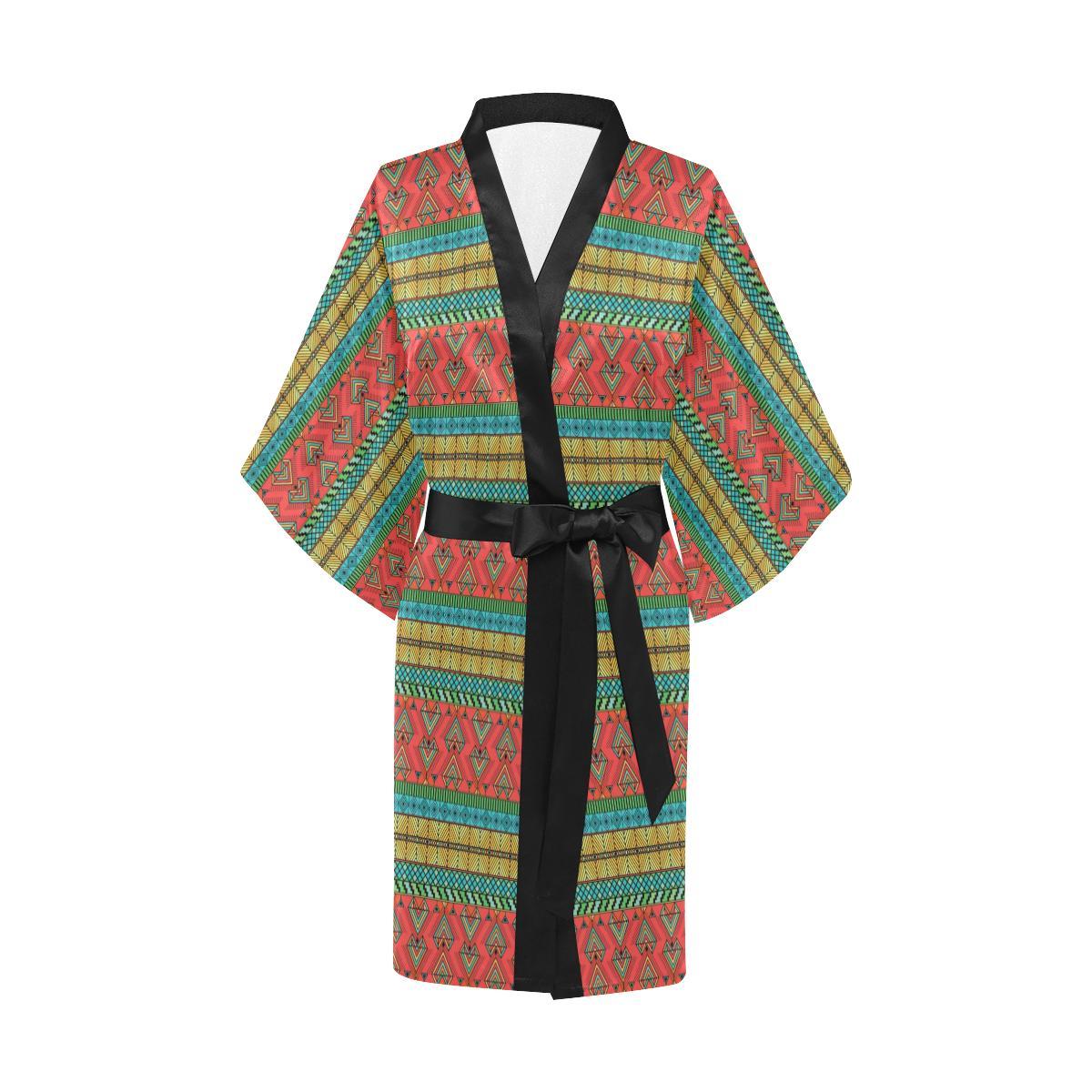 African Colorful Zigzag Print Pattern Women Short Kimono Robe