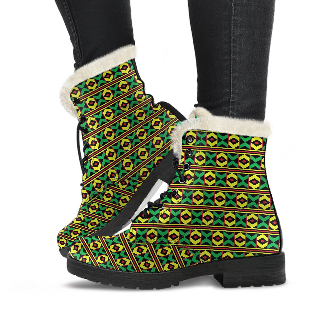African Geometric Print Pattern Faux Fur Leather Boots-JTAMIGO.COM