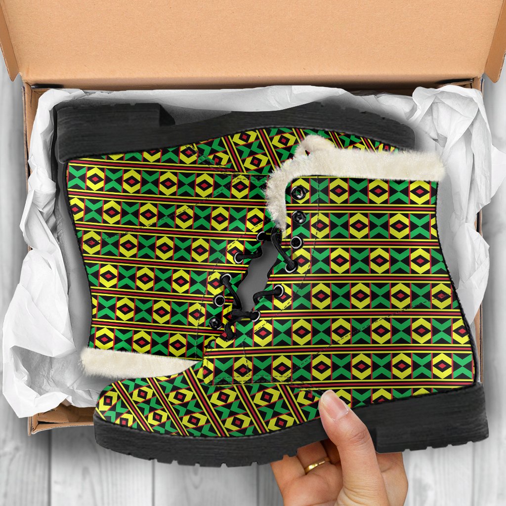 African Geometric Print Pattern Faux Fur Leather Boots-JTAMIGO.COM