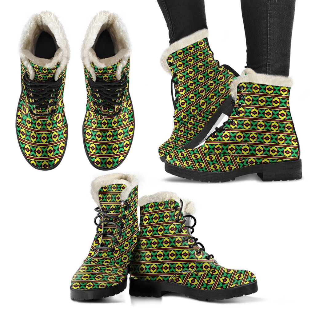 African Geometric Print Pattern Faux Fur Leather Boots-JTAMIGO.COM