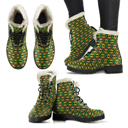 African Geometric Print Pattern Faux Fur Leather Boots-JTAMIGO.COM