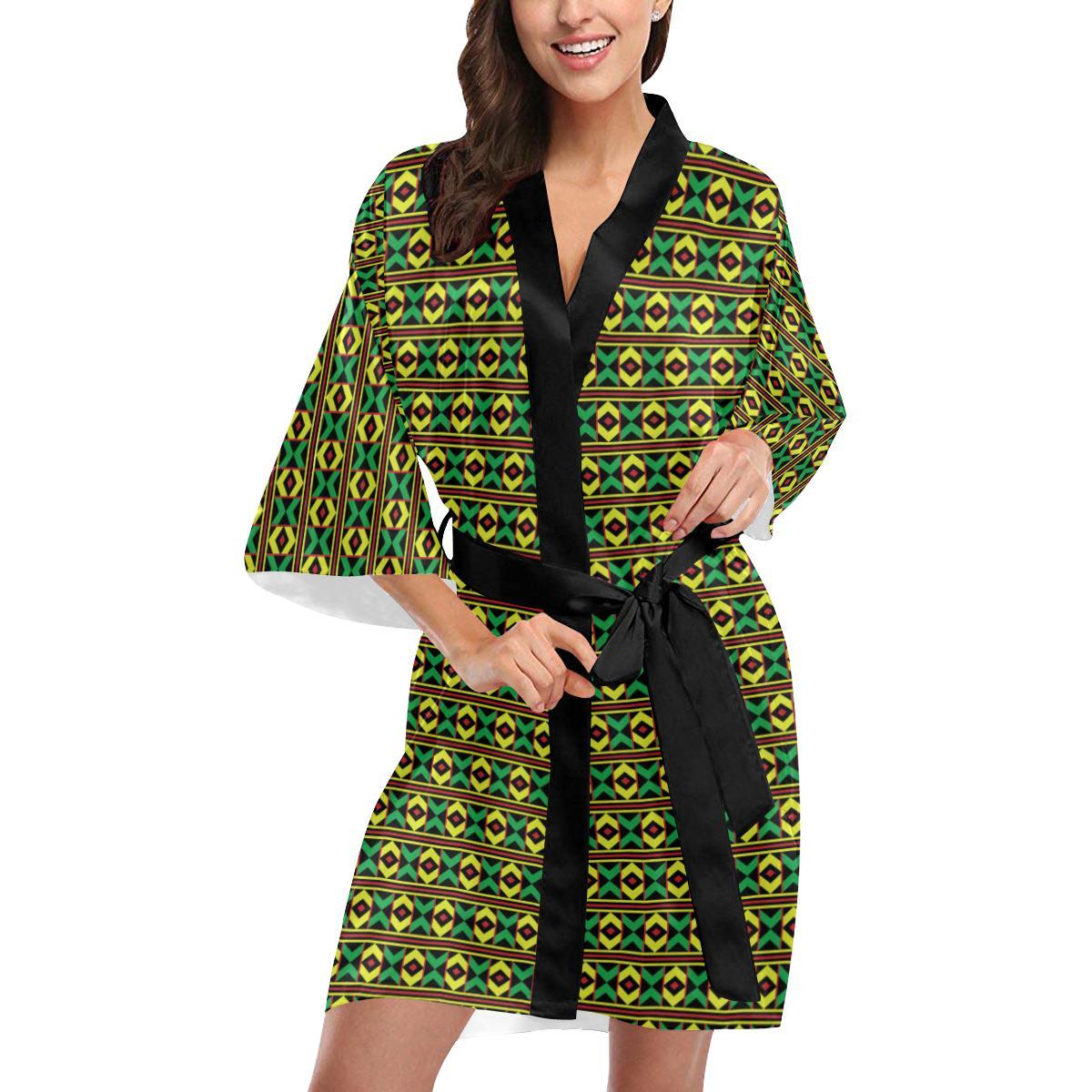 African Geometric Print Pattern Women Short Kimono Robe