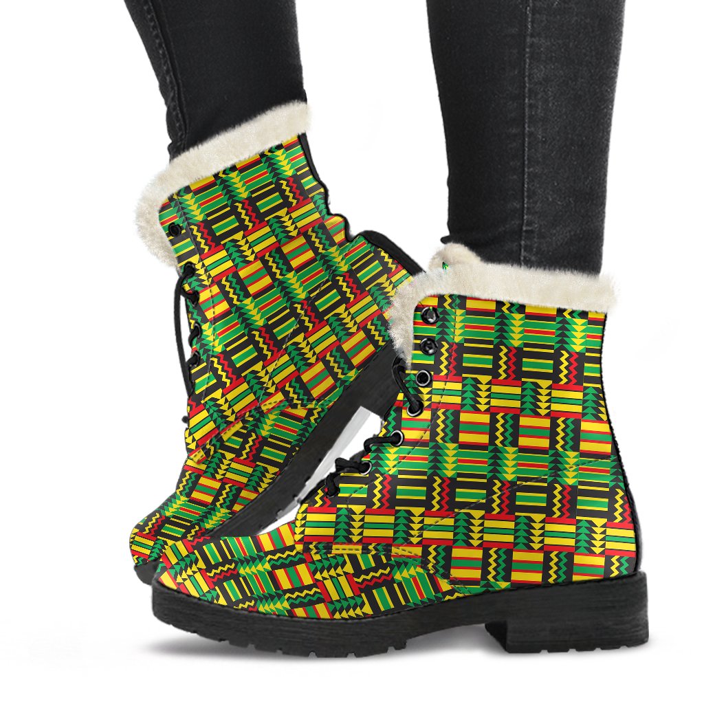 African Zip Zag Print Pattern Faux Fur Leather Boots-JTAMIGO.COM