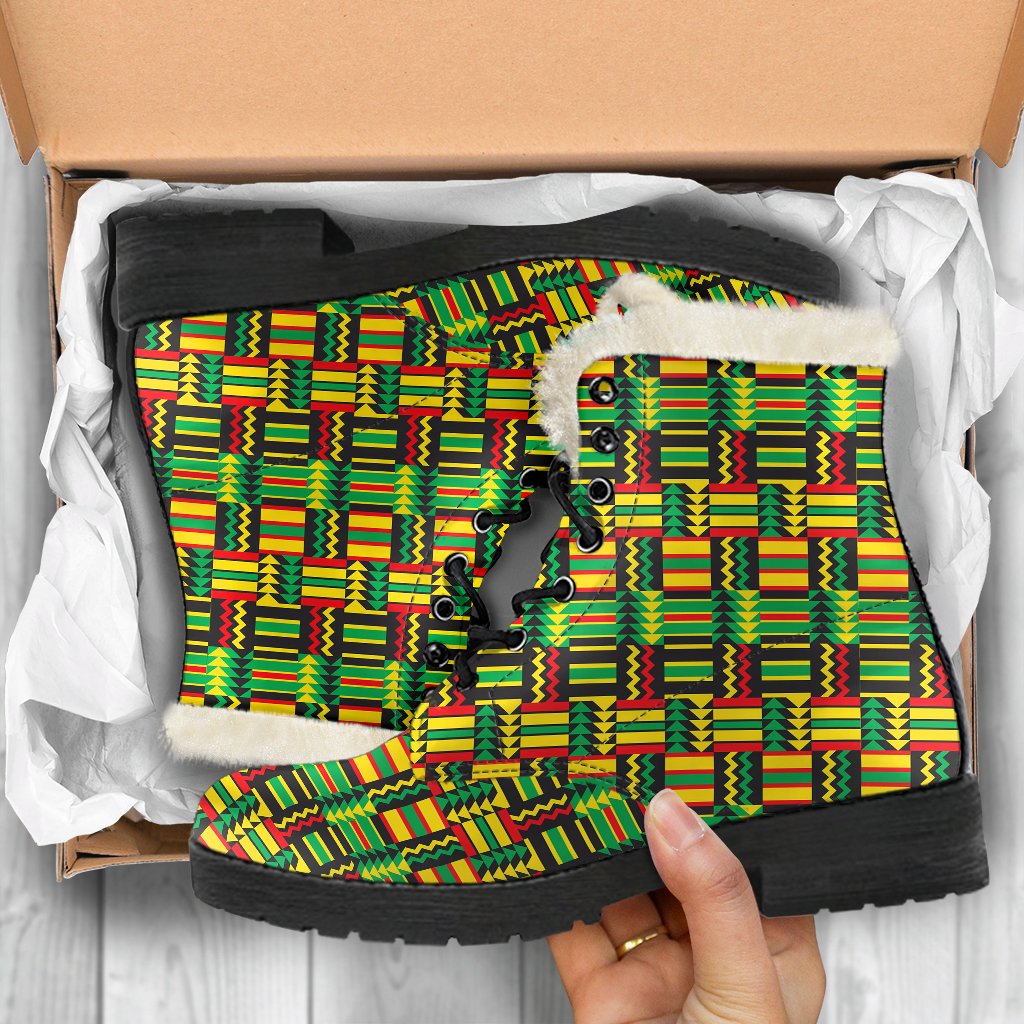 African Zip Zag Print Pattern Faux Fur Leather Boots-JTAMIGO.COM