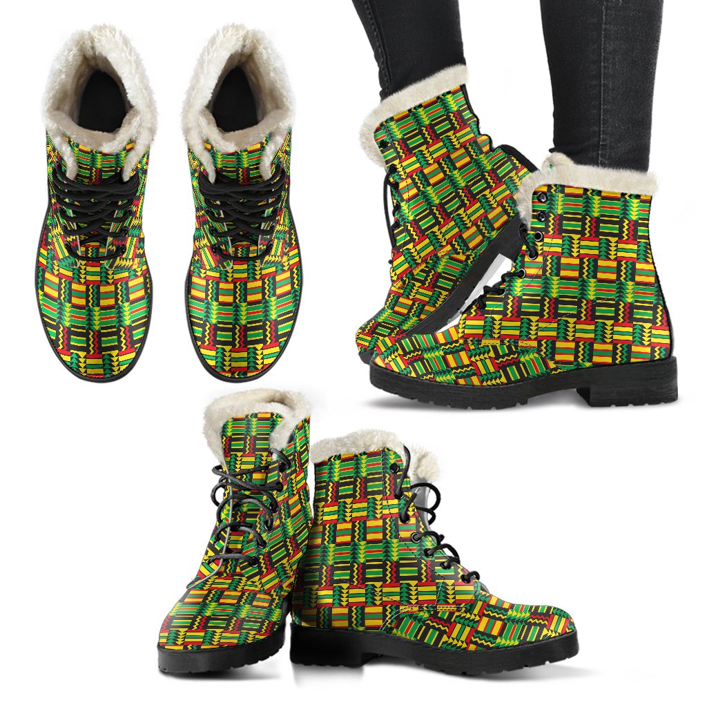 African Zip Zag Print Pattern Faux Fur Leather Boots-JTAMIGO.COM