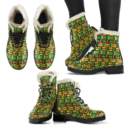 African Zip Zag Print Pattern Faux Fur Leather Boots-JTAMIGO.COM