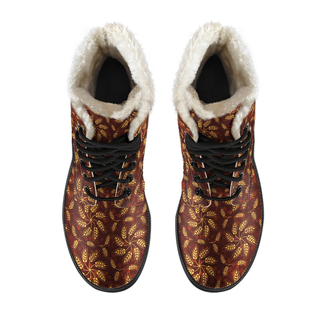 Agricultural Brown Wheat Print Pattern Faux Fur Leather Boots-JTAMIGO.COM