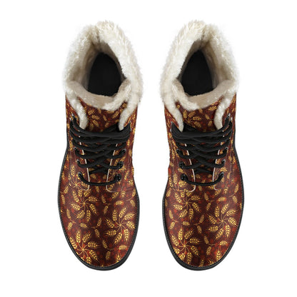 Agricultural Brown Wheat Print Pattern Faux Fur Leather Boots-JTAMIGO.COM
