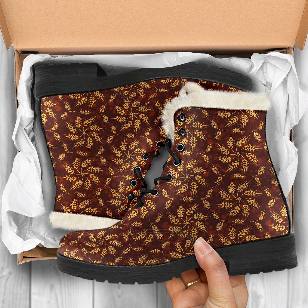 Agricultural Brown Wheat Print Pattern Faux Fur Leather Boots-JTAMIGO.COM