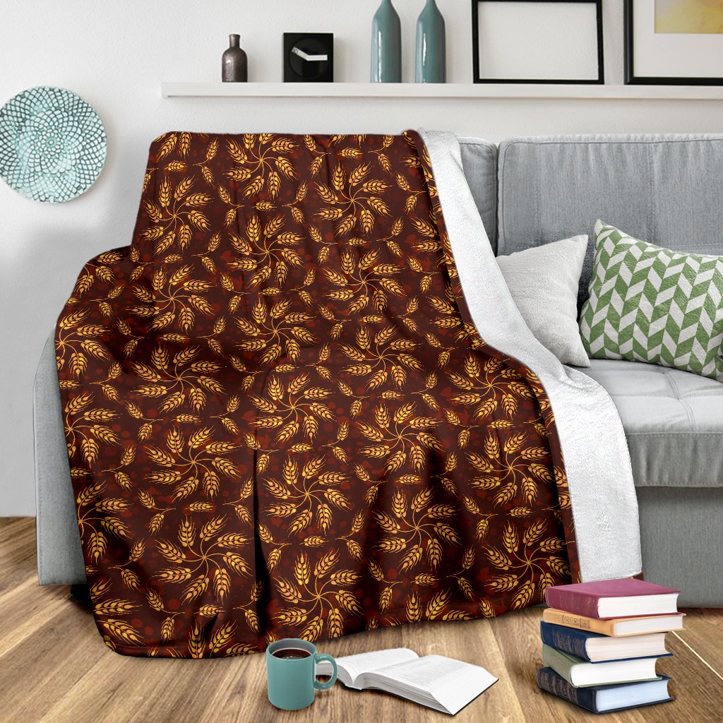 Agricultural Brown Wheat Print Pattern Fleece Blanket