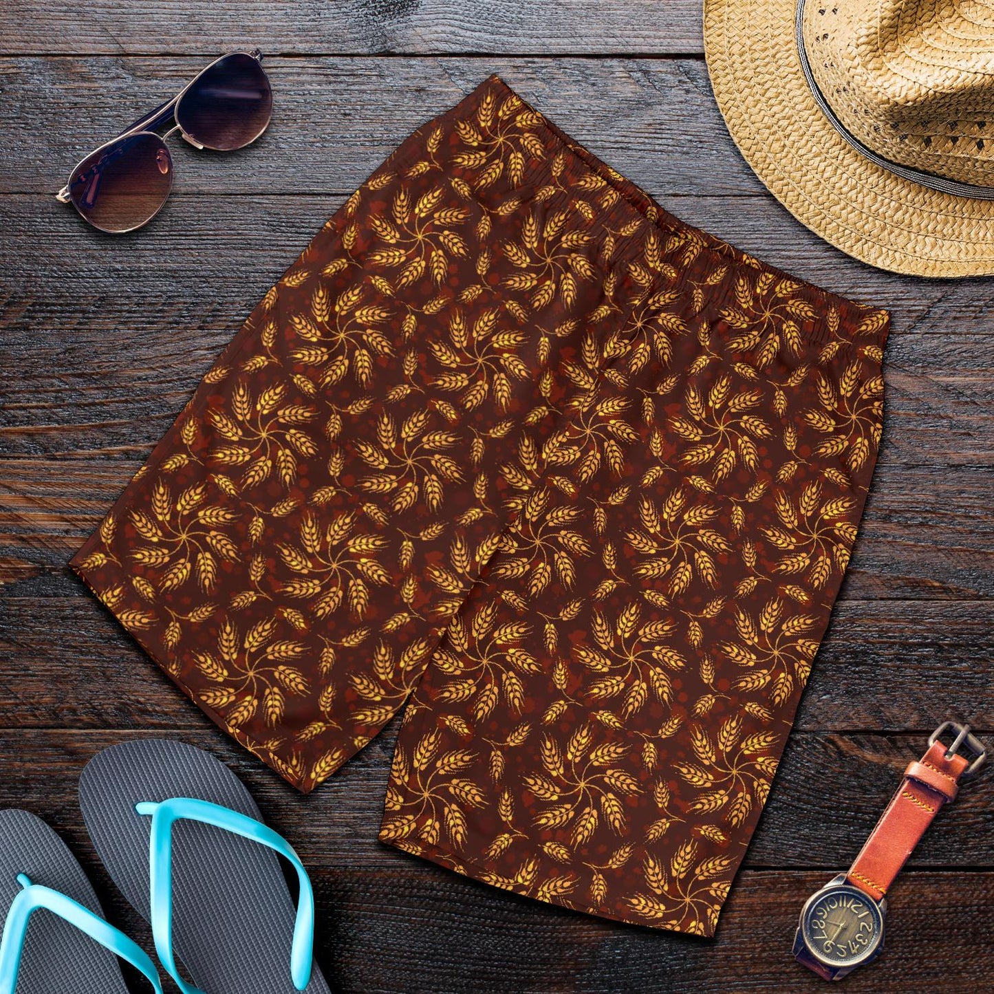 Agricultural Brown Wheat Print Pattern Mens Shorts-JTAMIGO.COM