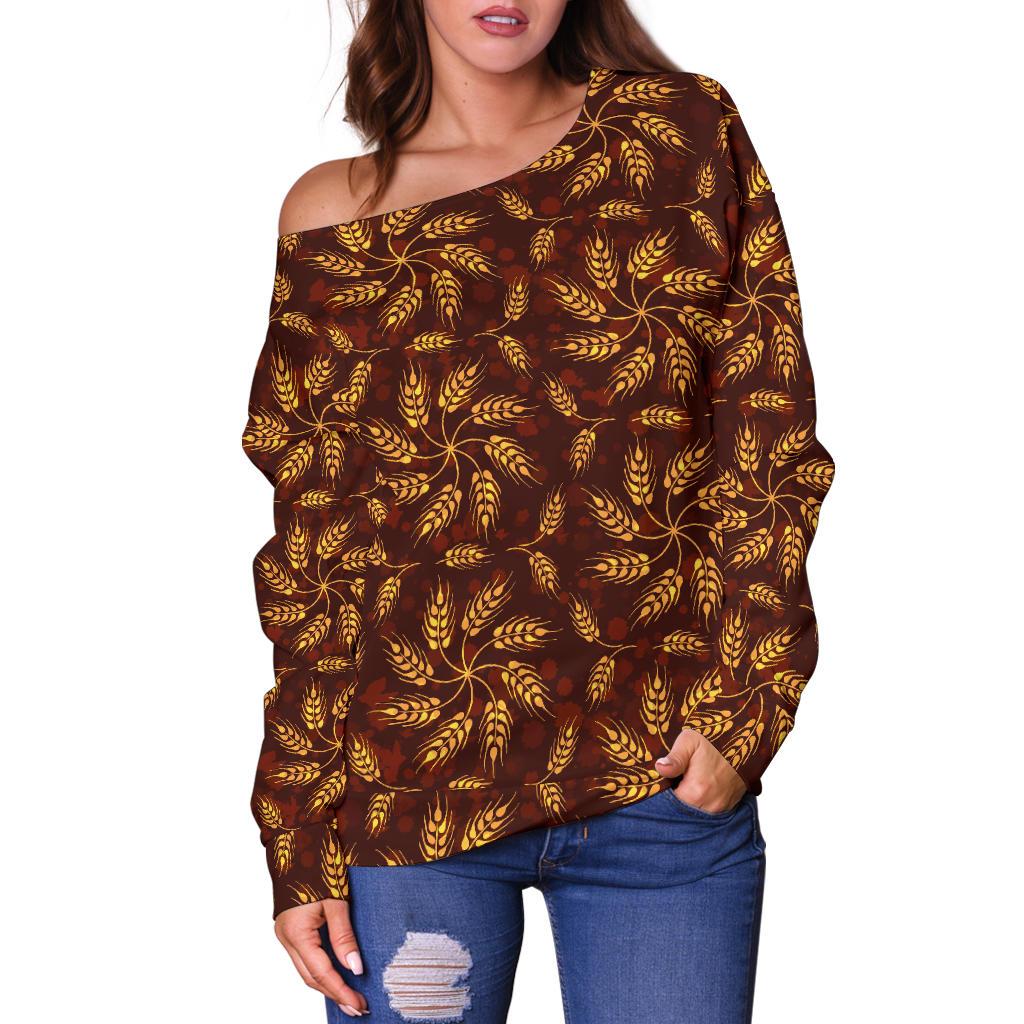 Agricultural Brown Wheat Print Pattern Off Shoulder Sweatshirt