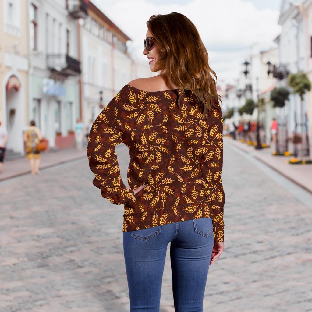 Agricultural Brown Wheat Print Pattern Off Shoulder Sweatshirt