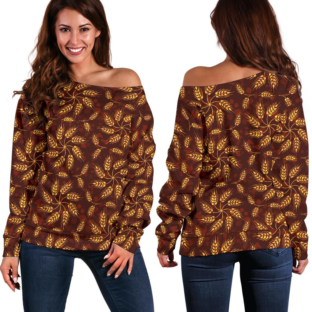 Agricultural Brown Wheat Print Pattern Off Shoulder Sweatshirt