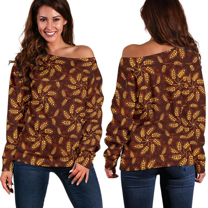 Agricultural Brown Wheat Print Pattern Off Shoulder Sweatshirt