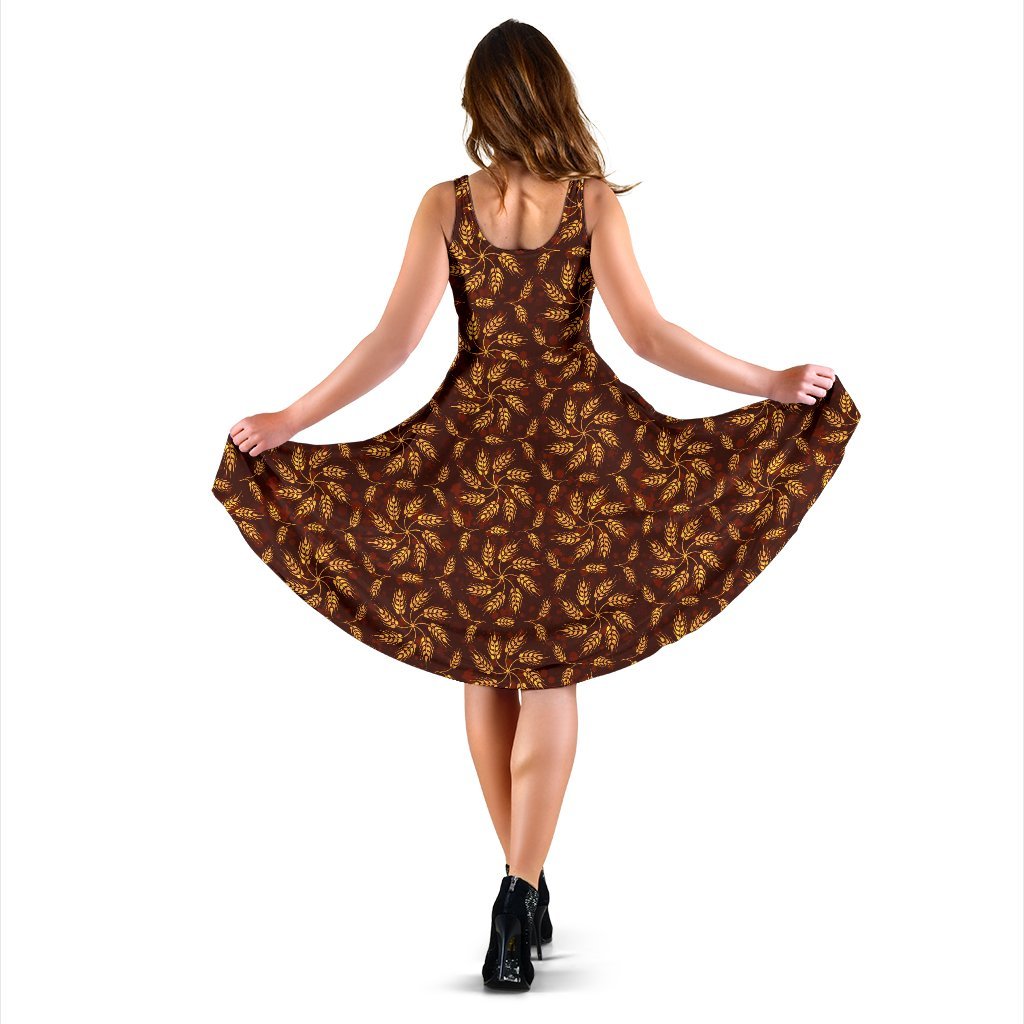 Agricultural Brown Wheat Print Pattern Sleeveless Dress