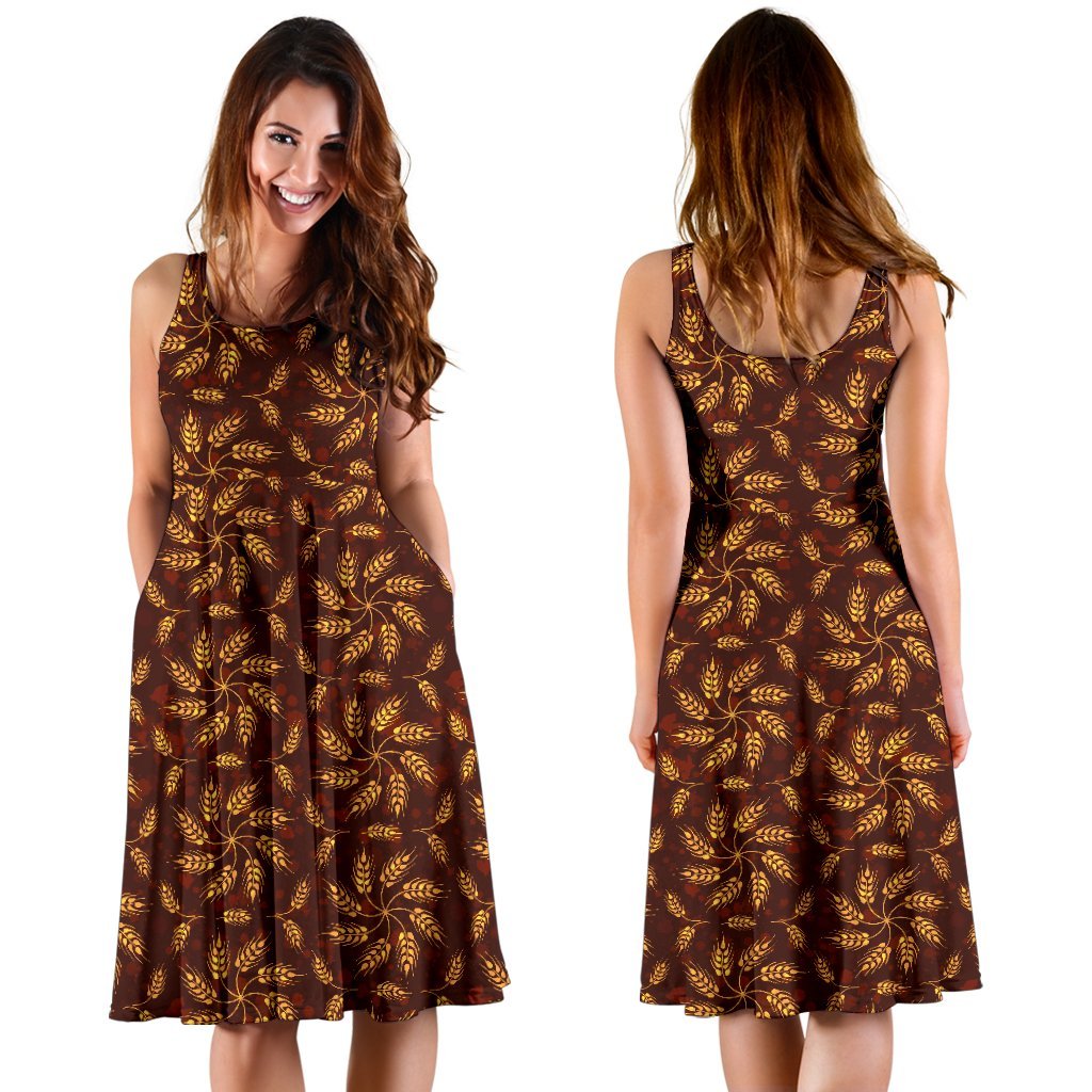 Agricultural Brown Wheat Print Pattern Sleeveless Dress
