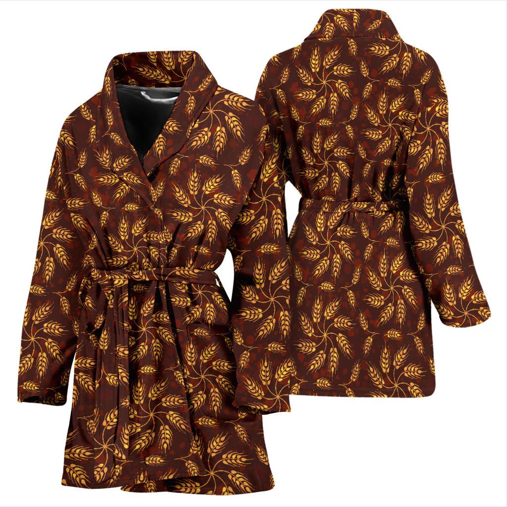 Agricultural Brown Wheat Print Pattern Women Bath Robe-JTAMIGO.COM