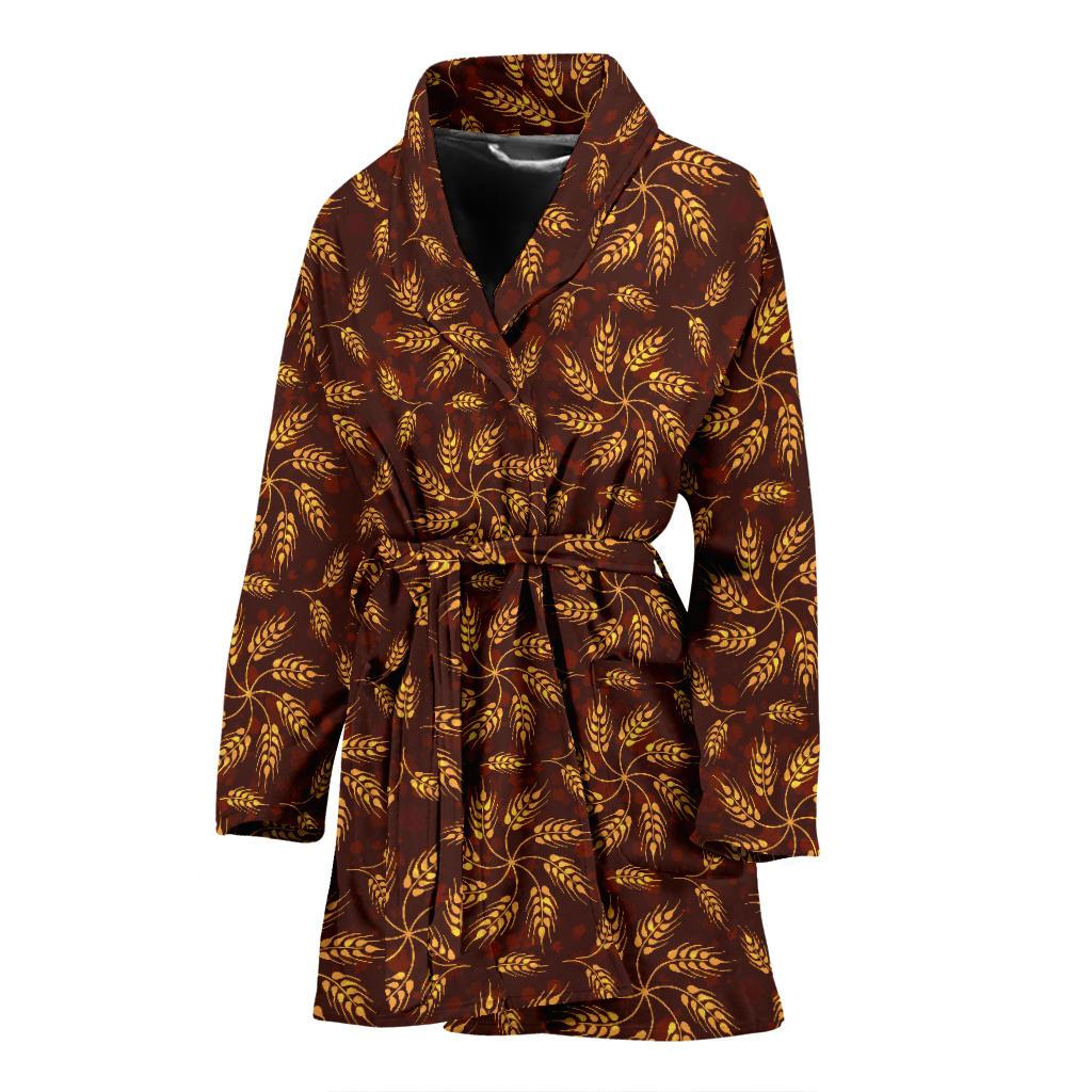 Agricultural Brown Wheat Print Pattern Women Bath Robe-JTAMIGO.COM
