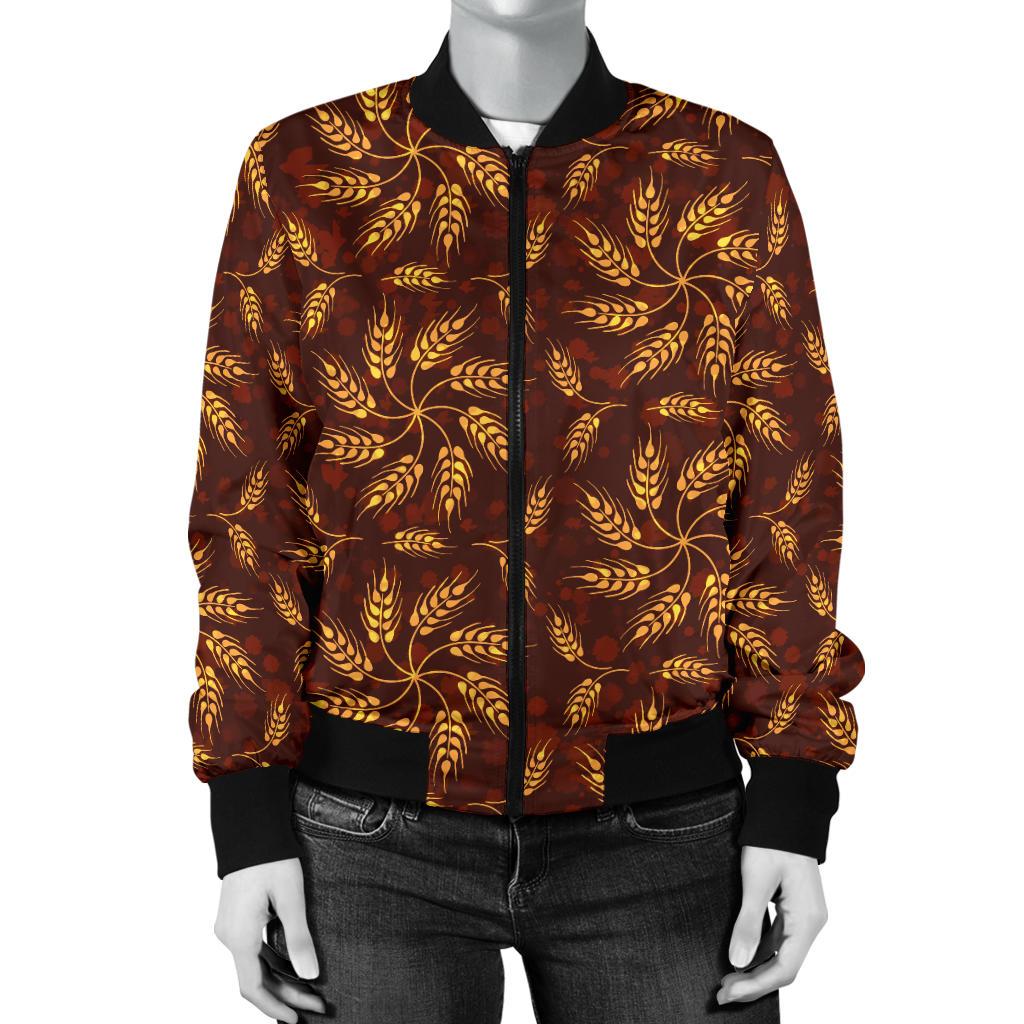 Agricultural Brown Wheat Print Pattern Women Casual Bomber Jacket