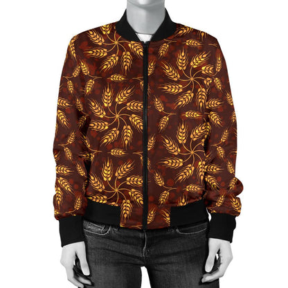 Agricultural Brown Wheat Print Pattern Women Casual Bomber Jacket
