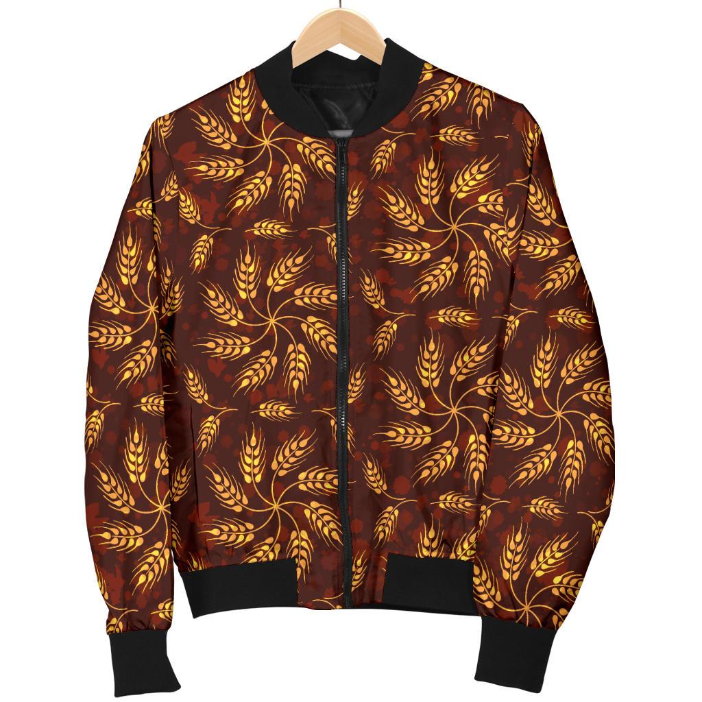 Agricultural Brown Wheat Print Pattern Women Casual Bomber Jacket