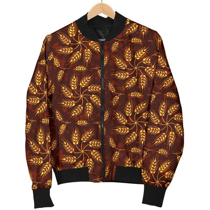 Agricultural Brown Wheat Print Pattern Women Casual Bomber Jacket