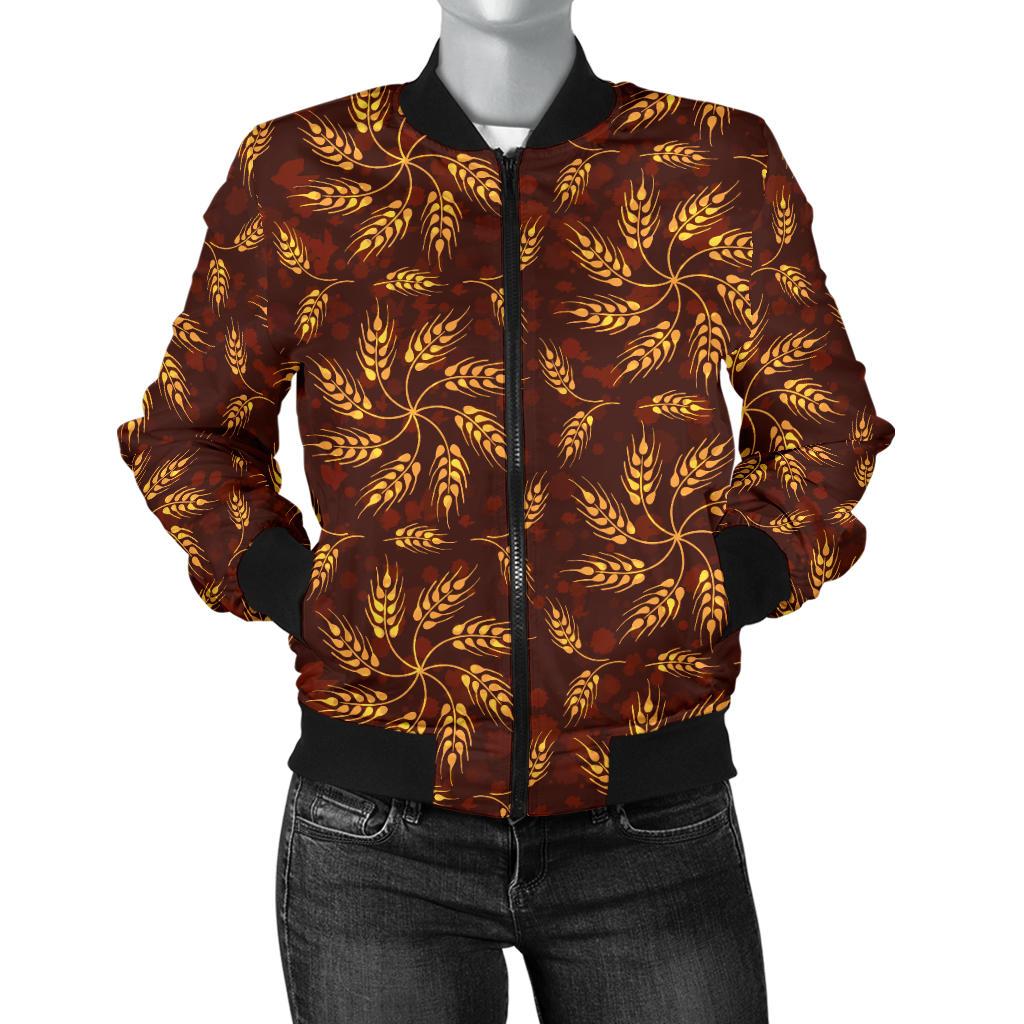 Agricultural Brown Wheat Print Pattern Women Casual Bomber Jacket