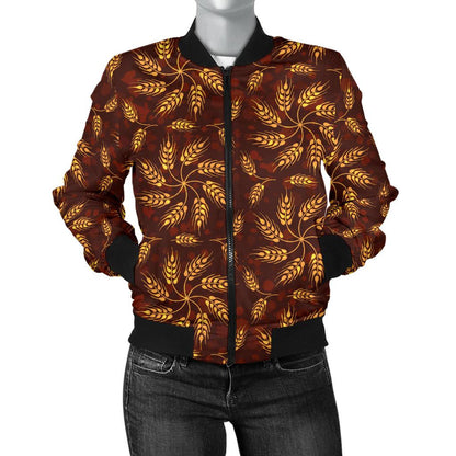 Agricultural Brown Wheat Print Pattern Women Casual Bomber Jacket