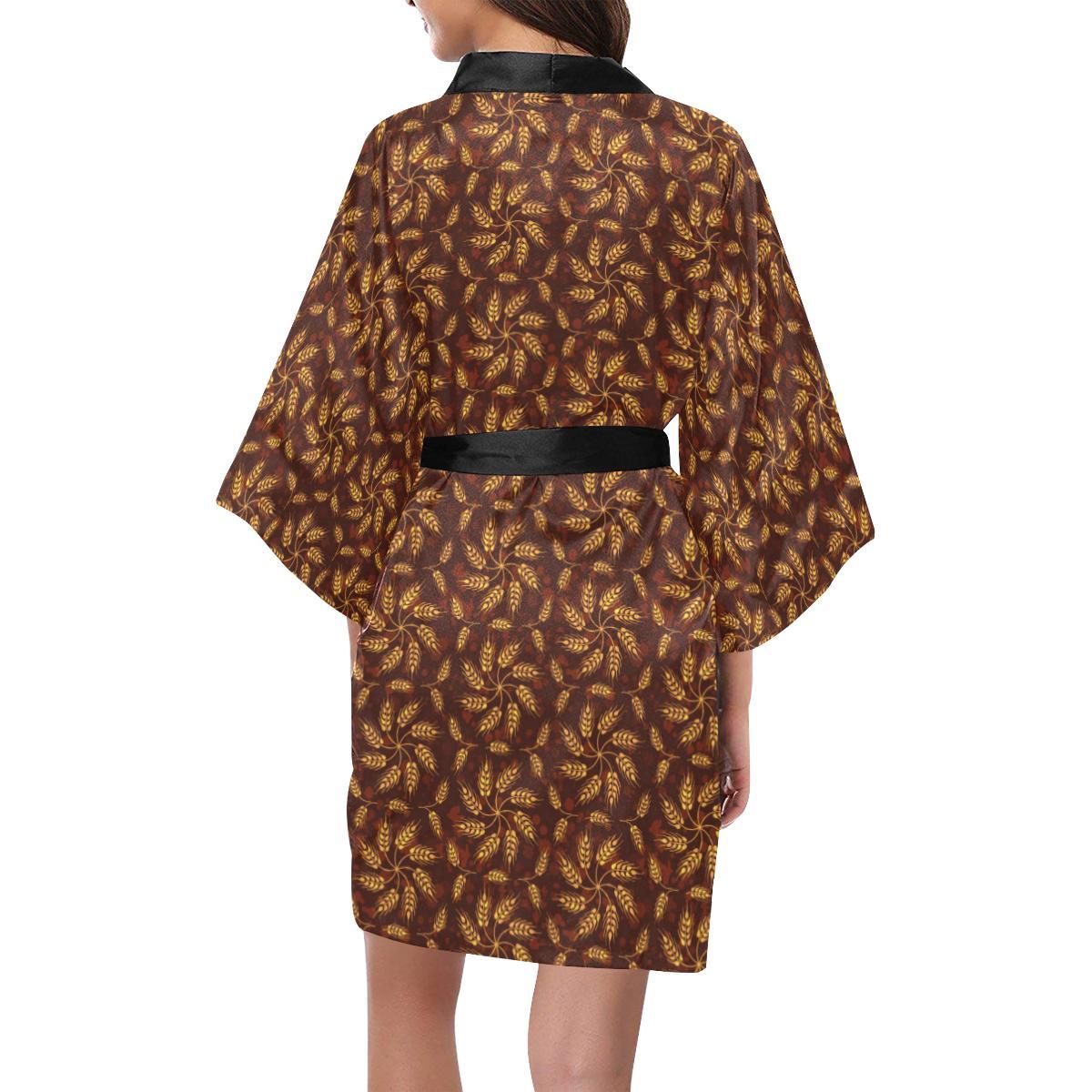 Agricultural Brown Wheat Print Pattern Women Short Kimono Robe
