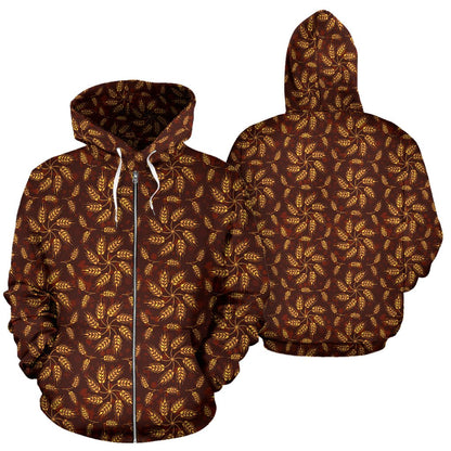 Agricultural Brown Wheat Print Pattern Zip Up Hoodie