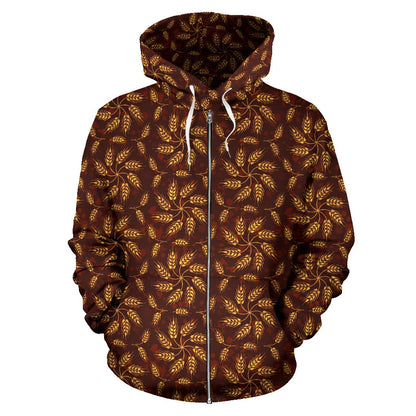 Agricultural Brown Wheat Print Pattern Zip Up Hoodie