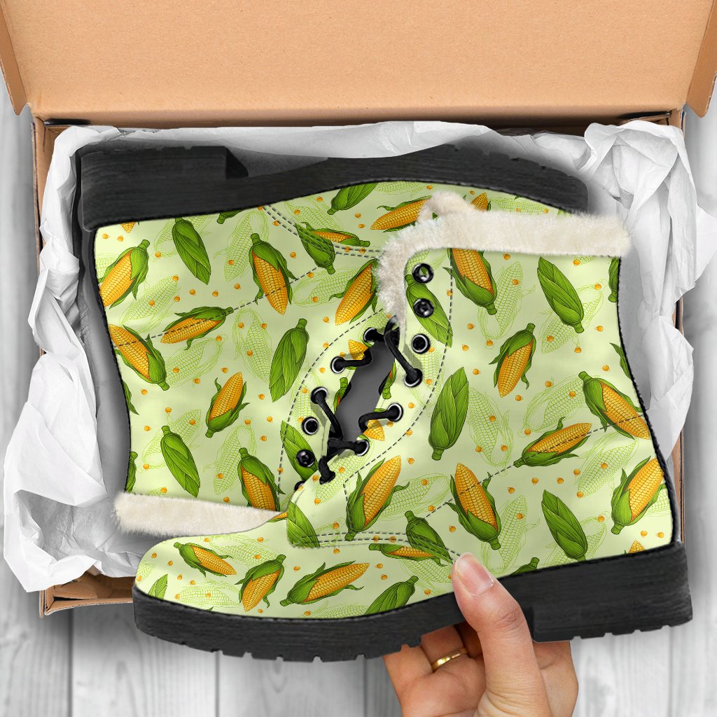 Agricultural Fresh Corn cob Print Pattern Faux Fur Leather Boots-JTAMIGO.COM