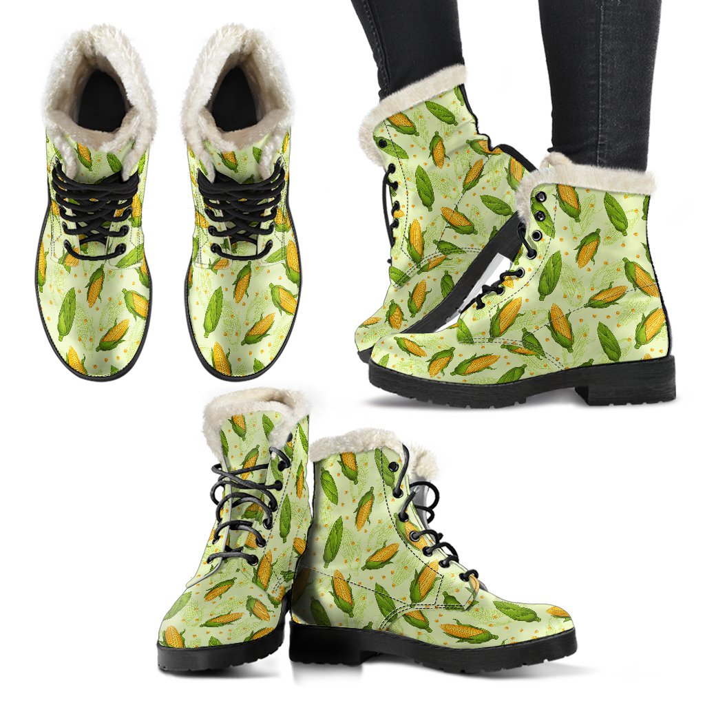 Agricultural Fresh Corn cob Print Pattern Faux Fur Leather Boots-JTAMIGO.COM