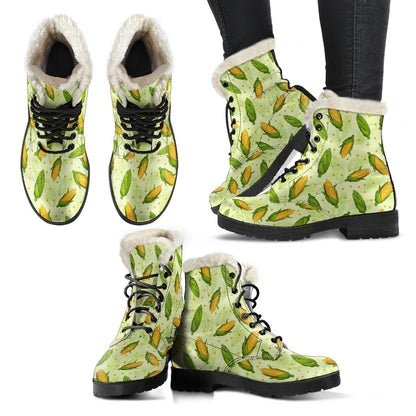 Agricultural Fresh Corn cob Print Pattern Faux Fur Leather Boots-JTAMIGO.COM