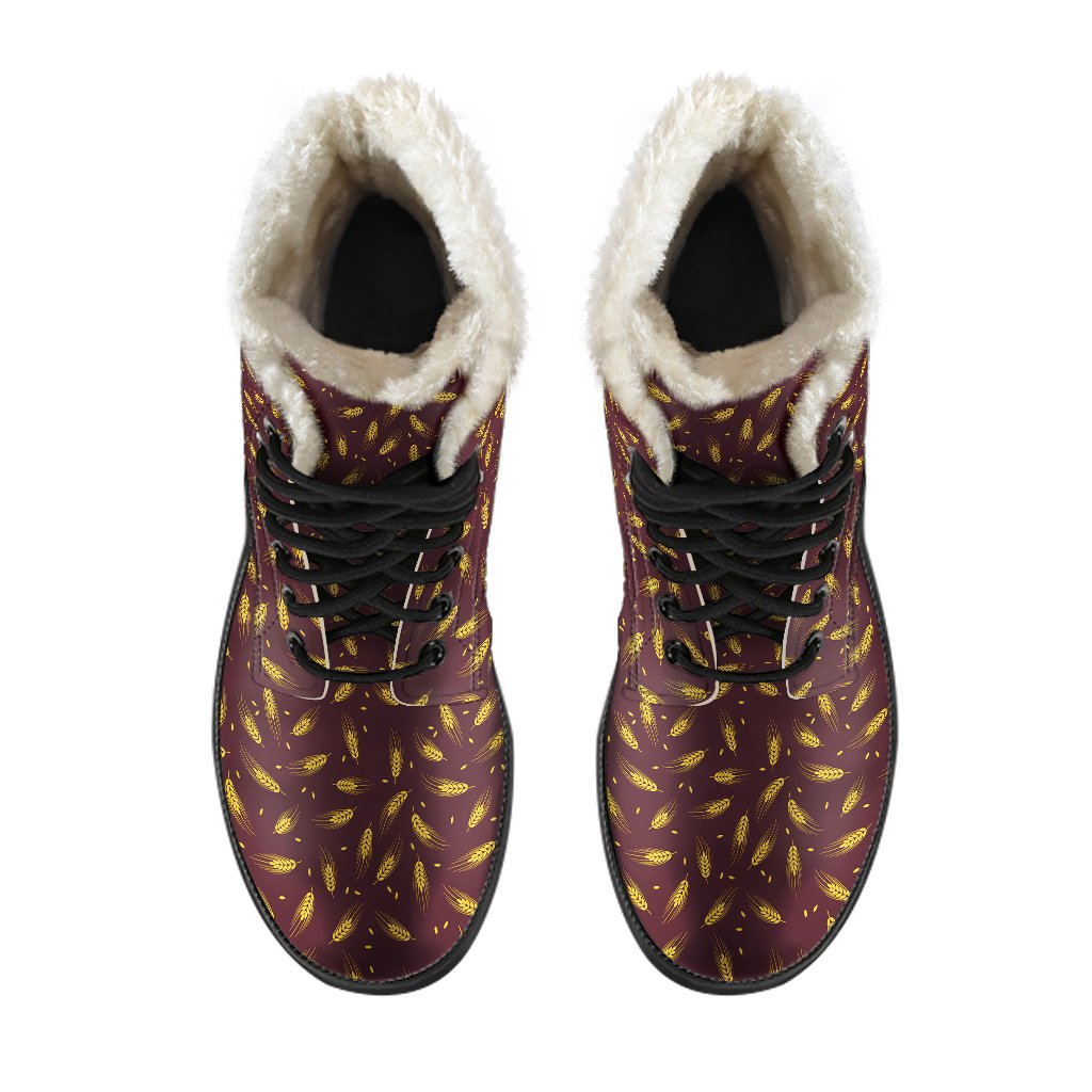 Agricultural Gold Wheat Print Pattern Faux Fur Leather Boots-JTAMIGO.COM
