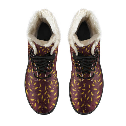 Agricultural Gold Wheat Print Pattern Faux Fur Leather Boots-JTAMIGO.COM