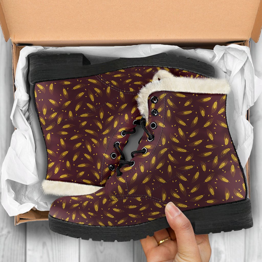 Agricultural Gold Wheat Print Pattern Faux Fur Leather Boots-JTAMIGO.COM