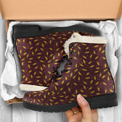 Agricultural Gold Wheat Print Pattern Faux Fur Leather Boots-JTAMIGO.COM