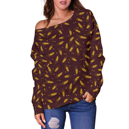 Agricultural Gold Wheat Print Pattern Off Shoulder Sweatshirt