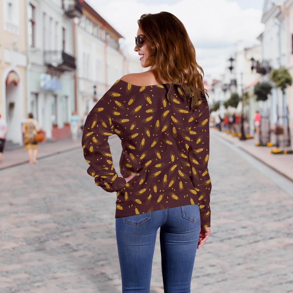 Agricultural Gold Wheat Print Pattern Off Shoulder Sweatshirt