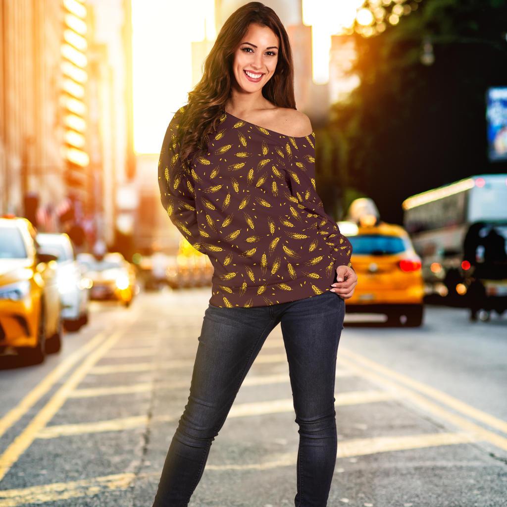 Agricultural Gold Wheat Print Pattern Off Shoulder Sweatshirt