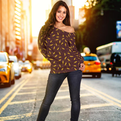Agricultural Gold Wheat Print Pattern Off Shoulder Sweatshirt