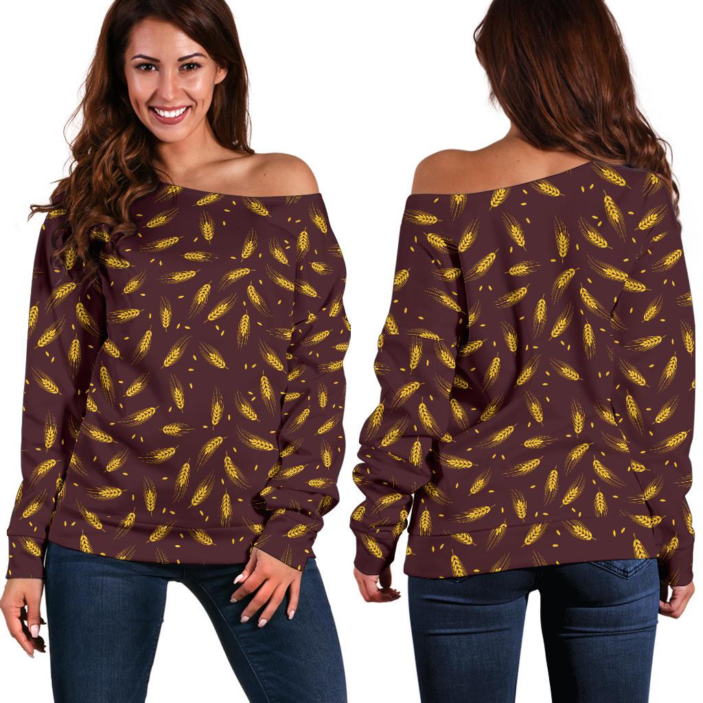 Agricultural Gold Wheat Print Pattern Off Shoulder Sweatshirt