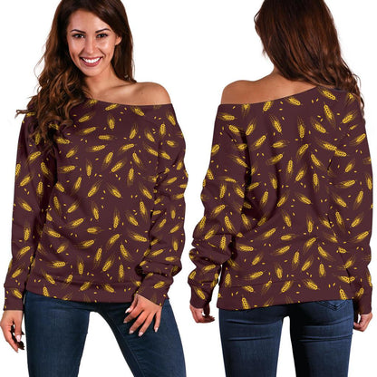 Agricultural Gold Wheat Print Pattern Off Shoulder Sweatshirt