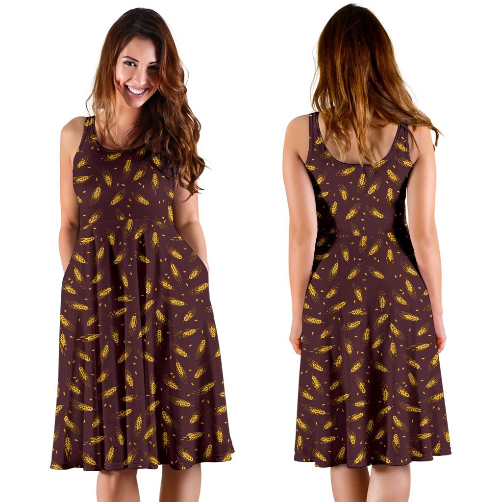 Agricultural Gold Wheat Print Pattern Sleeveless Dress