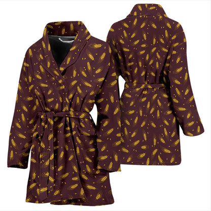 Agricultural Gold Wheat Print Pattern Women Bath Robe-JTAMIGO.COM