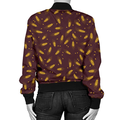 Agricultural Gold Wheat Print Pattern Women Casual Bomber Jacket