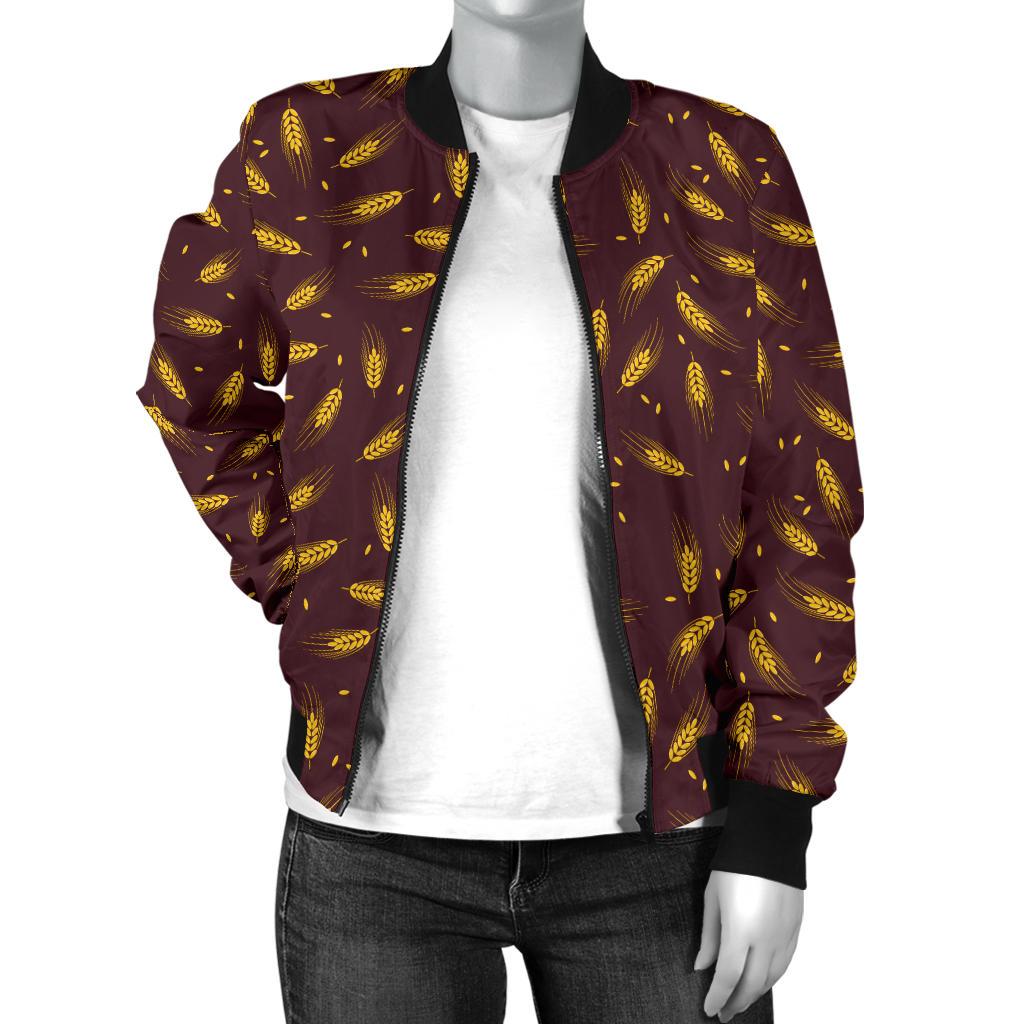 Agricultural Gold Wheat Print Pattern Women Casual Bomber Jacket